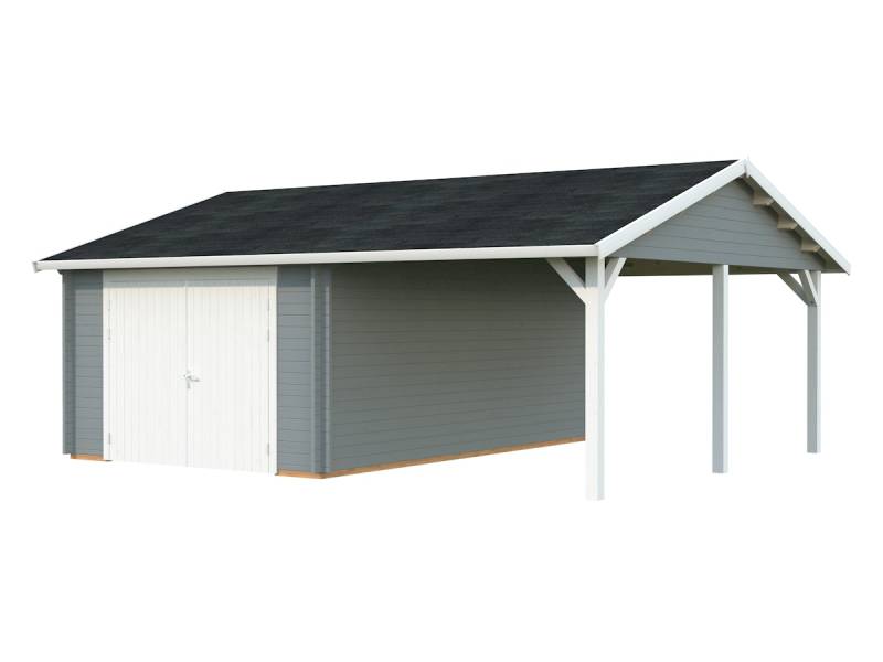Palmako Garage Roger 19,0 + 16,2 m² - 44 mm - mit Holztor hellgrau/weiß lackiert von Palmako