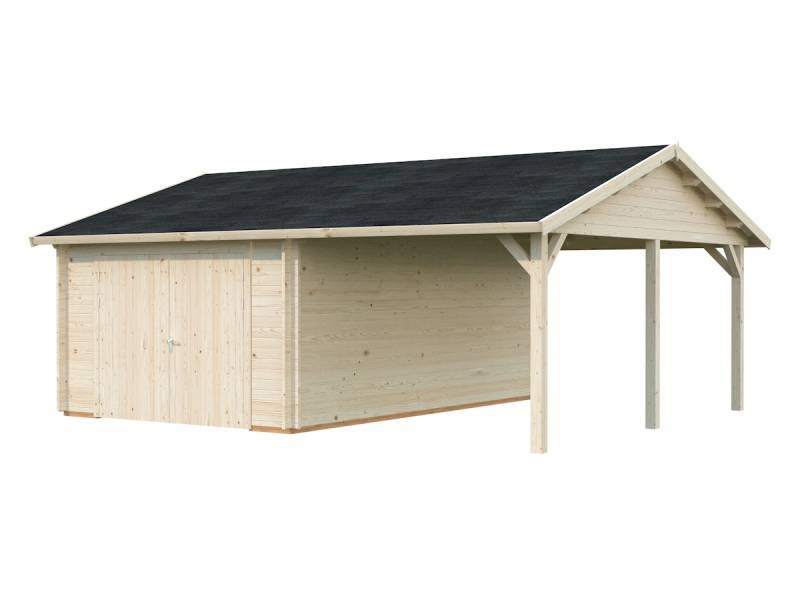 Palmako Garage Roger 19,0 + 16,2 m² - 44 mm - mit Holztor transparent tauchgrundiert von Palmako
