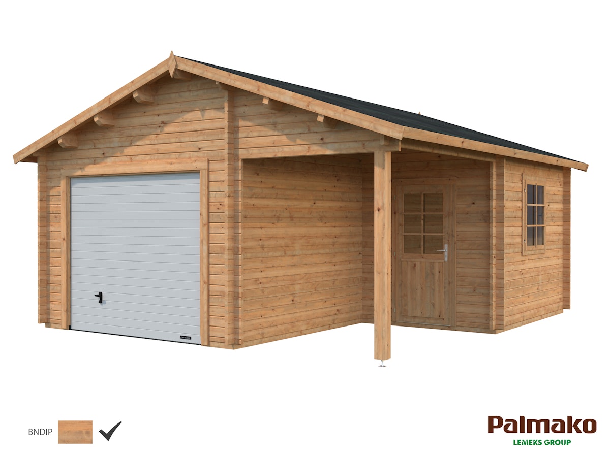 Palmako Garage Roger 21,9+5,2 m² - 44 mm - mit Sektionaltor Hellbraun tauchimprägniert von Palmako