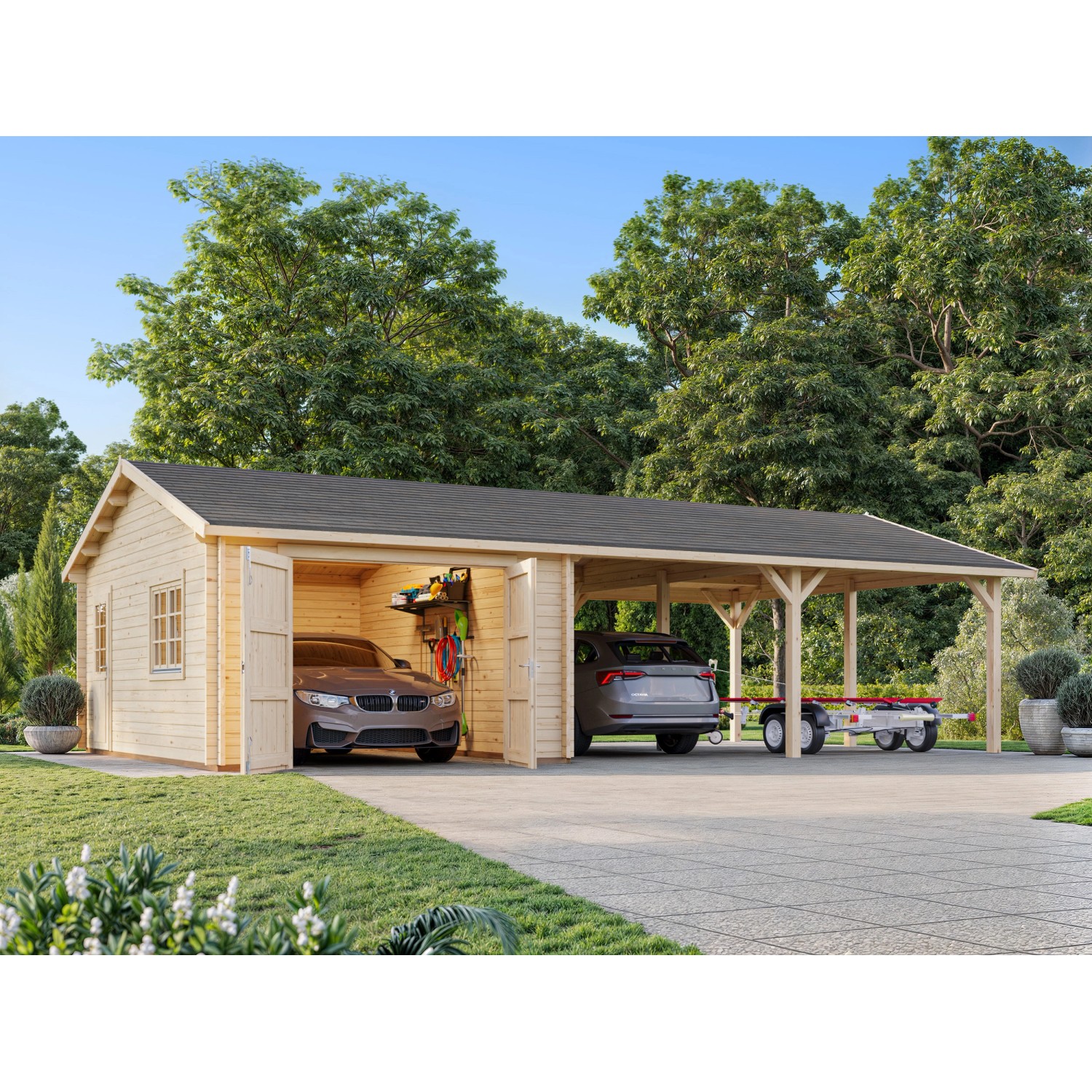 Palmako Garage Roger mit Holztor 956 x 550 cm Lackiert Grau-Weiß FSC® von Palmako