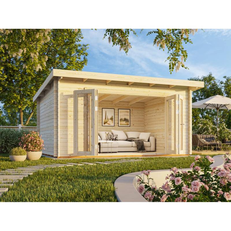 Palmako Gartenhaus Lea Bifold 450 x 330 cm Lackiert Hellgrau-Anthrazit FSC® von Palmako