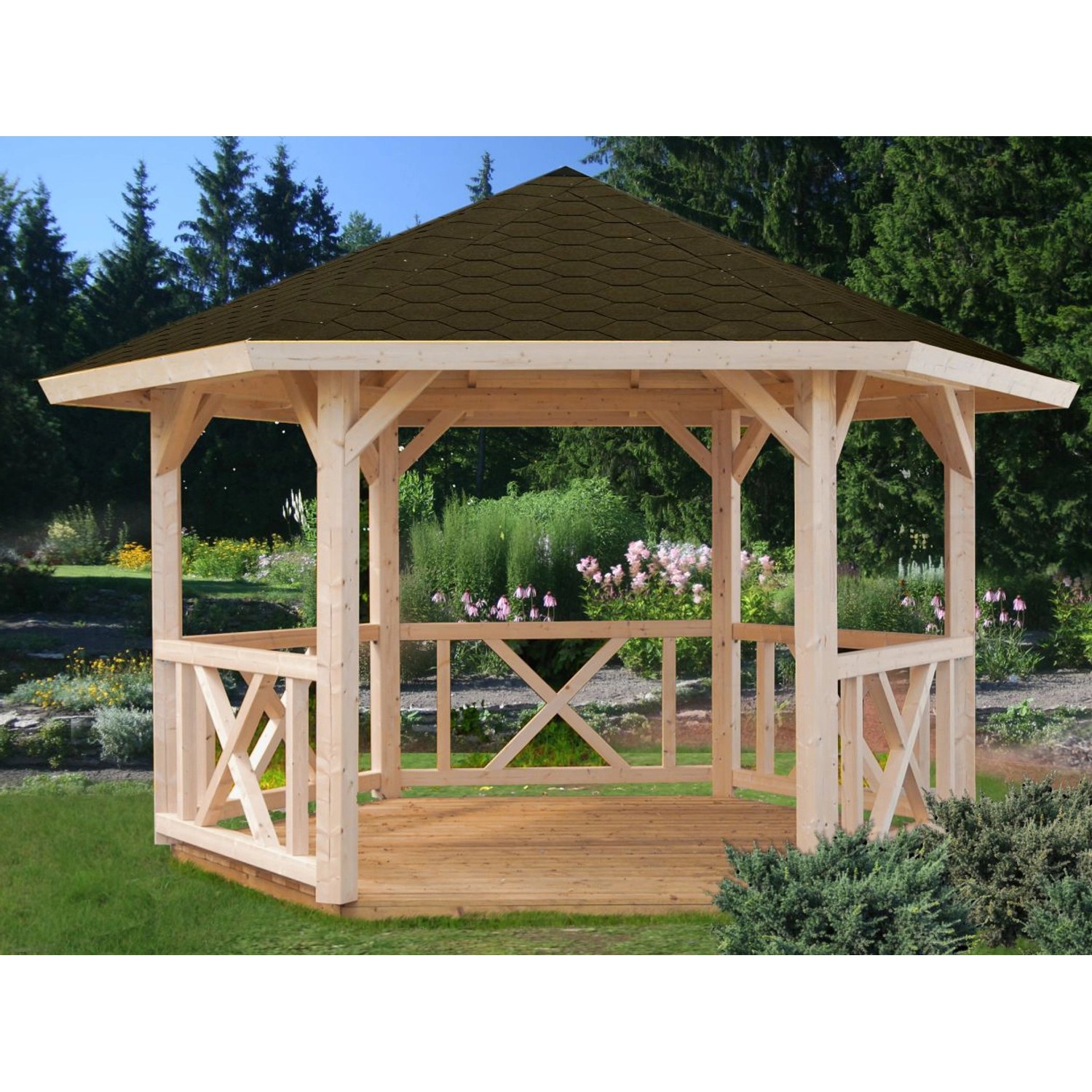 Palmako Holz-Pavillon Betty Braun imprägniert 337 cm x 337 cm ohne Fußboden von Palmako