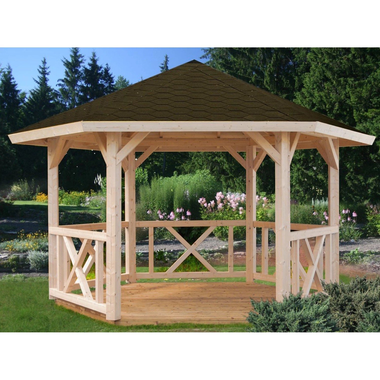 Palmako Holz-Pavillon Betty Grau imprägniert 337 cm x 337 cm ohne Fußboden von Palmako