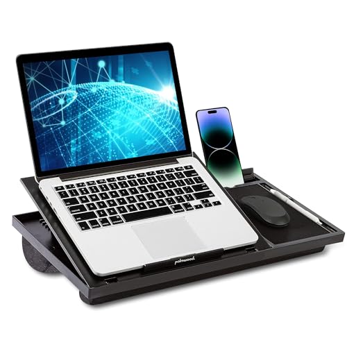 Palmwood Laptop-Tisch mit Kissen – 50 x 28 cm Schwarz – mit Handyhalter, Mauspad, Stifthalter & verstellbarem Neigungswinkel von Palmwood