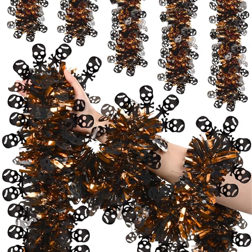 Halloween-Lametta-Girlande, glitzernde Lametta-Girlanden mit schwarzem Totenkopf, dick, glitzernd, metallisch, gedreht, Girlande, für Halloween, Innen- und Außenbereich, Party-Dekorationen von Palonu