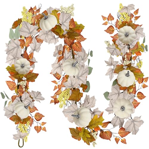Palonu Künstliche Herbst-Ahornblätter-Girlande, 1,8 m, hängende künstliche weiße Kürbis mit Beeren, Rebendekoration für Halloween, Kamin, Tür, Innen- und Außenbereich, Party, Heimdekoration von Palonu