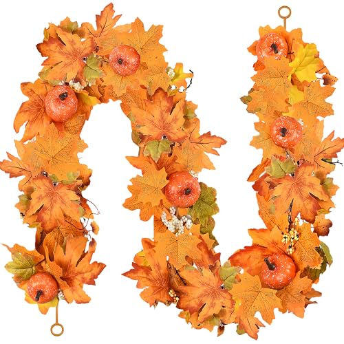 Palonu Künstliche Herbst-Ahornblätter-Girlande, hängende Herbst-Kürbis mit Beeren, Weinrebe für Thanksgiving, Halloween, Kamin, Tisch, Tafelaufsatz, Innen- und Außenbereich, Party, Heimdekoration von Palonu