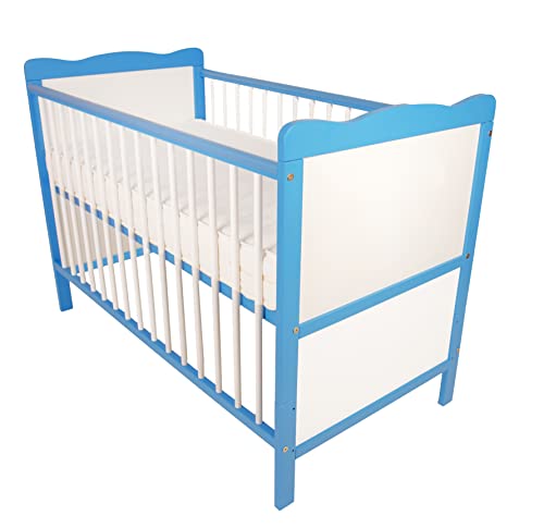 Pama Baby Baby Gitterbett Babybett Kinderbett mit Schaumstoffmatratze Zahnschienen höhenverstellbar Weiß umbaubar zum Juniorbett Blau I mit Matratze von Pama Baby