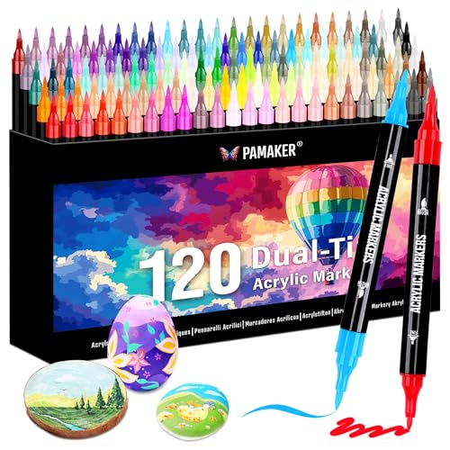 120 Farben Acrylstifte Set – Acrylmarker mit feiner Spitze und Pinsel für Stoff, Leinwand, Glas, Holz und Papier – Ideal für Kinder und Erwachsene, zum Zeichnen und DIY-Bastelprojekte von Pamaker