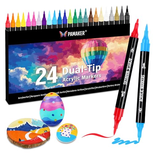 24 Farben Acrylstifte Set – Acrylmarker mit feiner Spitze und Pinsel für Stoff, Leinwand, Glas, Holz und Papier – Ideal für Kinder und Erwachsene, zum Zeichnen und DIY-Bastelprojekte von Pamaker