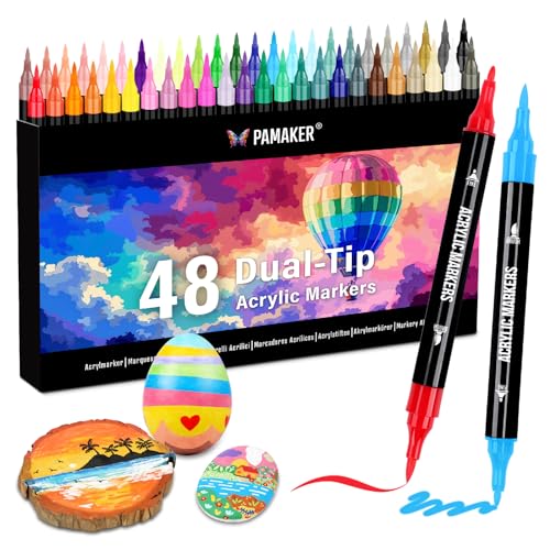 48 Farben Acrylstifte Set – Acrylmarker mit feiner Spitze und Pinsel für Stoff, Leinwand, Glas, Holz und Papier – Ideal für Kinder und Erwachsene, zum Zeichnen und DIY-Bastelprojekte von Pamaker