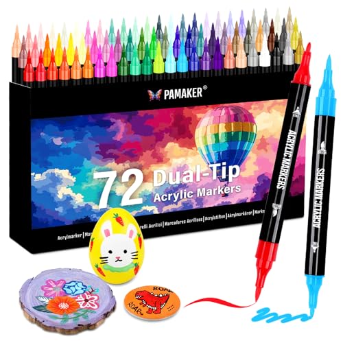 72 Farben Acrylstifte Set – Acrylmarker mit feiner Spitze und Pinsel für Stoff, Leinwand, Glas, Holz und Papier – Ideal für Kinder und Erwachsene, zum Zeichnen und DIY-Bastelprojekte von Pamaker