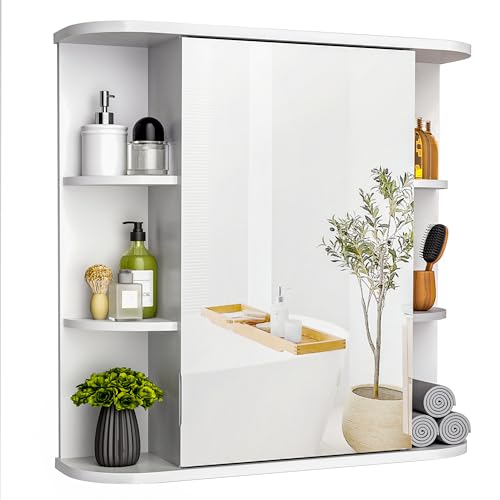 Pamapic Spiegelschränke fürs Bad, Badezimmerschrank mit Spiegel, Hängeschrank Badezimmer mit verstellbaren Ablagen, Schrank mit Badezimmerspiegel, Wandschrank,67,5 x 60 cm, Weiß von Pamapic