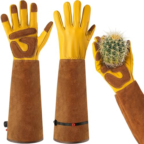 Leder Gartenhandschuhe für Damen und Herren - Dornenfeste Handschuhe mit extra langer Stulpe und verstärkten Handflächen und Fingerspitzen (M) von Pameil