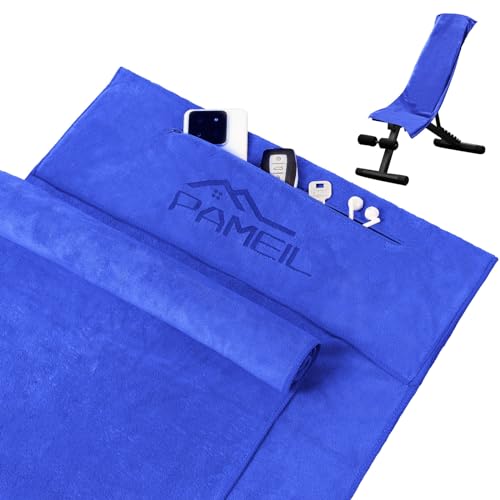 Pameil Fitness Handtuch 2er Set - 120x50cm Sporthandtuch Fitnessstudio mit Reißverschluss Tasche + 80x40cm Kleine Handtücher - Gym Handtuch aus Mikrofaser für Yoga, Sport & Outdoor (Blau) von Pameil