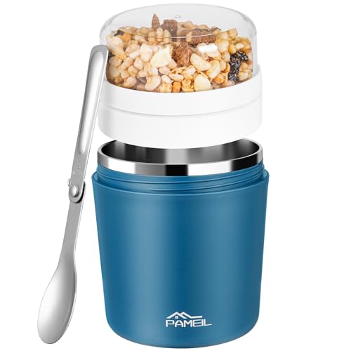 Pameil Müslibecher to go 500ml I Isolierter Edelstahl Joghurtbecher für Müsli I Edelstahl Innenwand Thermobecher Essen I Auslaufsicherer Becher mit Löffel für Yoghurt/Porridge von Pameil