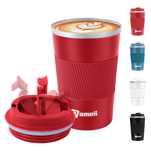 Pameil Thermobecher Kaffeebecher to go 380ml Edelstahl Kaffee to go Becher Thermo, Vakuum auslaufsicher Isolierbecher mit Deckel, Autobecher doppelwandig (Rot) von Pameil