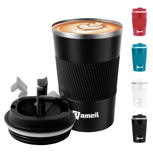 Pameil Thermobecher Kaffeebecher to go 380ml Edelstahl Kaffee to go Becher Thermo, Vakuum auslaufsicher Isolierbecher mit Deckel, Autobecher doppelwandig (Schwarz) von Pameil
