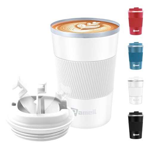 Pameil Thermobecher Kaffeebecher to go 380ml Edelstahl Kaffee to go Becher Thermo, Vakuum auslaufsicher Isolierbecher mit Deckel, Autobecher doppelwandig (Weiß) von Pameil