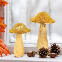 Holz Dekopilz Mit Gold - Herbstdeko Pilze Aus Naturdeko Für Wohnzimmer Helloween Dekoration Landhaus, Skandi Stil 2 Größen von Pamplex