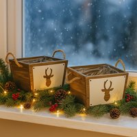 Pflanzkasten 2Er Set - Holzkiste Mit Hirsch-Motiv Deko-Kiste Jutegriffen Rustikal, Blumenkasten Weihanchtsdeko Fensterbank von Pamplex