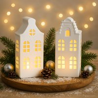Teelicht Haus - Windlichthaus Weiß Dekohaus Für Lichterkette Teelichthalter Weihnachten Weißen Keramik-Teelichthaus Geschenkidee von Pamplex