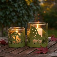 Windlicht Herbst - Teelichthalter Metall/Glas, Grün Teelicht Tischdeko Helloween Geschenkidee 2 Größen von Pamplex