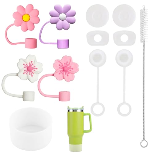 Pamtns 12 Stück Stanley Tassen Zubehör Set Blume Silikon Strohhalm Abdeckung für Stanley Cup 40/30 Oz Auslaufsicheren Silikon Stopfen Blumenstrohabdeckkappe Runder Auslaufstopfen mit Reinigungsbürste von Pamtns