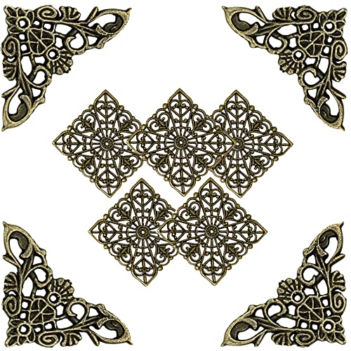 Pamtns 9 stück Kantenabdeckung Metall Vintage Buchecken mit Metall Ornamente Quadrat Buchbeschläge Eckenschutz Antike Vintage Tisch Regal ​Kantenabdeckung Box Ecke Dekor Schutz Möbelbeschläge Antik von Pamtns