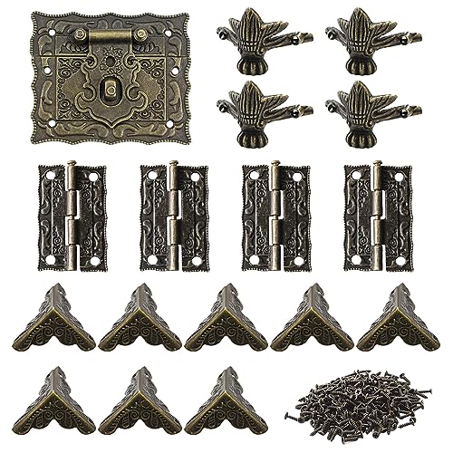 Pamtns Antike Dekorative Haspe Set 1 Stück Schlösser 4 Stück Scharnier Klein 8 Stück Vintage Schutzecken 4 Stück Dekorativer Ecke Fuß Standfüße Dekorative Box Hardware aus Bronze Beschläge Antik Set von Pamtns