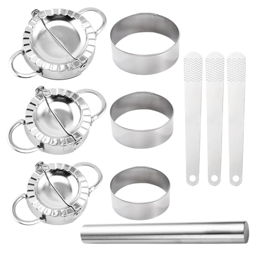 Pamtns Teigtaschenformer 10 Stück Edelstahl Dumpling Maker Set Ravioli Former Ravioli Maker Dumpling Cutter Ravioli Ausstecher mit Knödelform Fülllöffel Teigroller Pastamaker Form Set 3 Größen von Pamtns