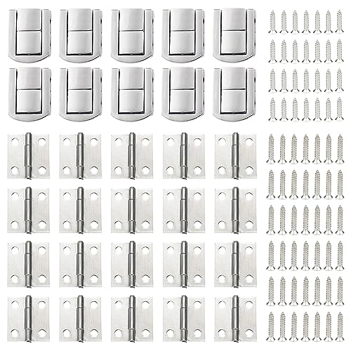 Pamtns Verschluss für Holzkiste 10 Stück Kistenverschluss Silber mit 20 Mini Scharniere Klappbar Einstellbare Schatullenverschluß Klein Koffer Haspe Dekorative Schließe mit Schrauben für Holztruhe von Pamtns