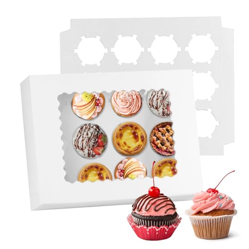 PanBeiQi 10 STK 12 Löcher Cupcake Boxen, Muffin Transportbox, Cupcake Transportbox, Weiße Muffin Box Kartonbox mit transparentem Sichtfenster für Cup Cake Transportieren Träger Tortendekorieren von PanBeiQi