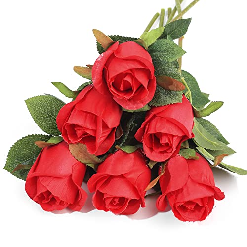 PanBeiQiWEU 6 Stück künstliche Rosen Blumen, einzelne Stiel Seide Faux Blumen Rosen, gefälschte realistische künstliche rote Rosen Blumensträuße für Hochzeit Herzstück Dekoration von PanBeiQiWEU