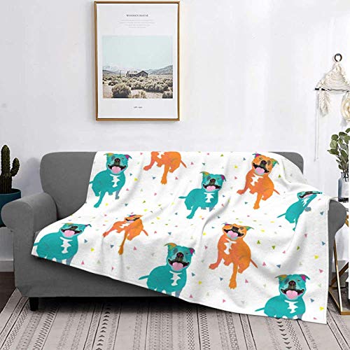 Decke Happy Staffy, weiß, warm, Flanell-Fleece, Plüsch, weich, Sofa-Überwurf, Decke als Bettdecke/Bettlaken, 125 x 150 cm von PanaRL