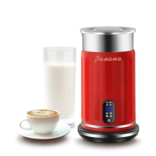 Elektrische Milchaufschäumer, Milchdämpfer mit einem Fassungsvermögen von 320 ml, 4 in 1 - Automatische Milchaufschäumer mit Temperaturanzeige, Milchaufschäumermaschine für Latte Macchiato (Rot) von Panana