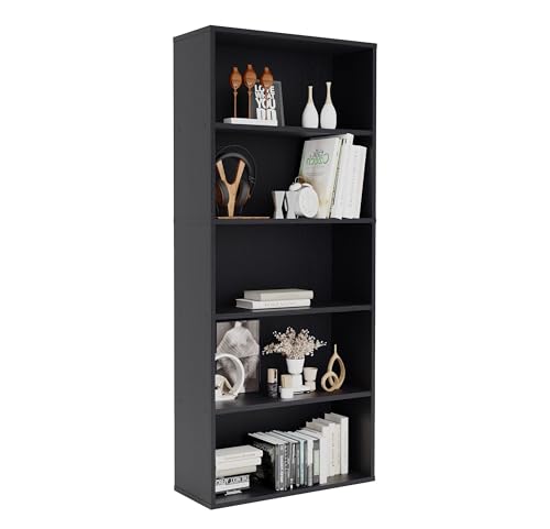 Panana Bücherregal, Holzregal mit 5 Fächern, Regale, Bücherschrank, Standregal Aufbewahrungsregal für Wohnzimmer, Büro, Arbeitszimmer 60 x 23,5 x 139 cm (Schwarz, 5 Fächer) von Panana