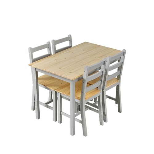 Panana Esstisch mit 4 Stühlen Set Kiefer Holz Essgruppe 4er Set Esszimmerstühle mit Esstisch für Esszimmer, Küche, Wohnzimmer Esszimmergarnitur (Kiefer Holz + Grau) von Panana