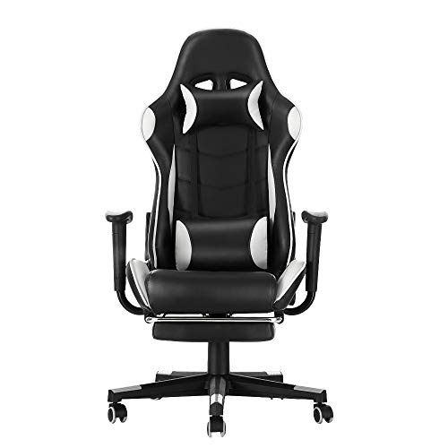 Panana Gaming Stuhl mit Hoher Rückenlehne Drehbarer Bürostuhl mit Fußstütze und Kissen PC-Stuhl Racing Computerstuhl (White) von Panana