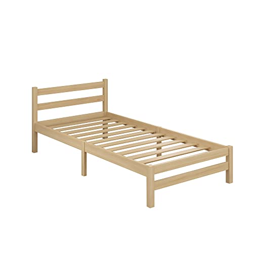 Panana Holzbett Einzelbett 90x190 Bett Natur Massive Holz Einzelbett Bettgestell mit Lattenrost und Kopfteil Kinderbett Jugendbett Gästebett Rahmen Kiefer (Natur) von Panana