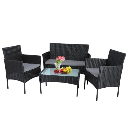 Panana Polyrattan Gartenmöbel-Set Balkonmöbel Lounge-Set Sitzgruppe Tisch mit Glasplatte Stühle Patio Wintergarten Outdoor Schwarzes Rattan mit grauen Kissen von Panana