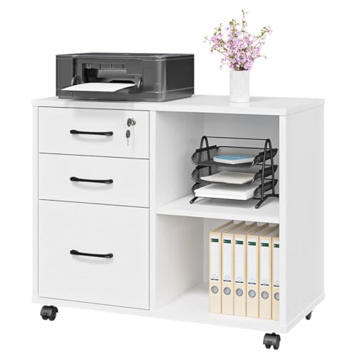 Panana Rollcontainer, Aktenschrank, Büroschrank mit 5 Rollen, 3 Schubladen und 2 offenen Fächern, für Büro, Zuhause, 79 x 40 x 66 cm (Weiß) von Panana