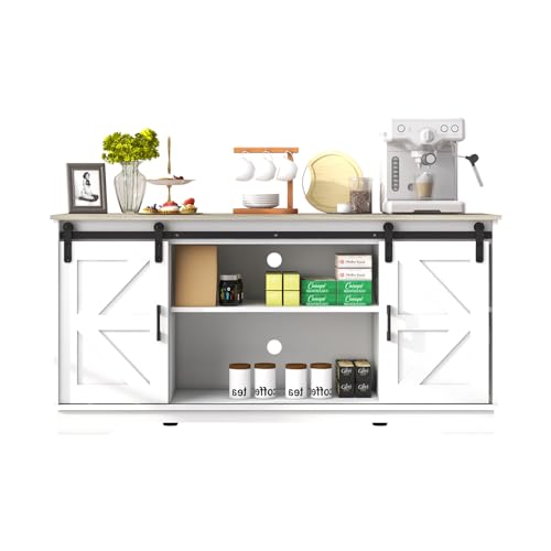 Panana Sideboard, Küchenschrank mit 2 Schiebetüren und Verstellbarem Regal, Aufbewahrungsschrank für Küche, Wohnzimmer, Esszimmer, 150 x 40 x 71 cm (Weiß+Holz) von Panana