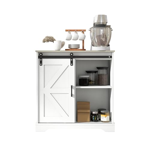 Panana Sideboard, Küchenschrank mit Schiebetür und Verstellbarem Regal, Aufbewahrungsschrank für Küche, Wohnzimmer, Esszimmer (Weiß+Holz) von Panana