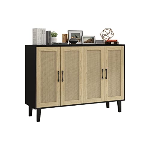 Panana Sideboard mit Rattangeflecht 4 Türen Sideboard TV-Schrank Schubladenkommode Holz Mehrzweckschrank für Flur Schlafzimmer Wohnzimmer Esszimmer (Schwarz) von Panana