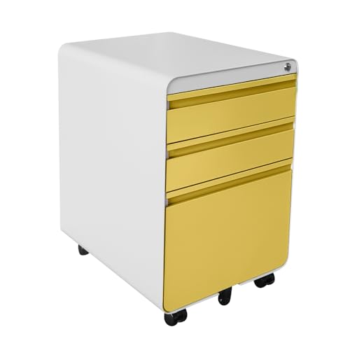 Panana Rollcontainer, abschließbar, Aktenschrank mit 3 Schubladen, Büroschrank mit 5 Rollen, Schreibtisch, Unterschrank, für Akten, Dokumente im A4- und Letter (Gelb) von Panana