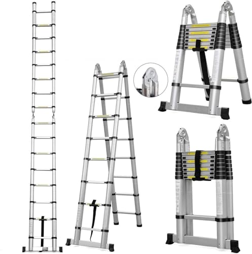 Panana Teleskopleiter Klappleiter 3,8m(1,9m+1,9m) Anti-Rutsch Mehrzweckleiter Ausziehbar Tragbare hochwertigem Edelstahl Leiter Haushaltsleiter 150kg Belastbarkeit von Panana