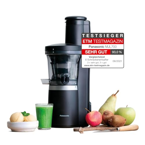 Panasonic Slow Juicer MJ-L700KXE, elektrische Fruchtpresse, Entsaften von ganzen Früchten und Gemüse, 75-mm Öffnung, schlankes Design, sicher und praktisch, Schwarz, Mattschwarz von Panasonic