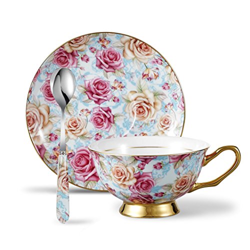 Panbado, 3-teilig Porzellan 200 ml Kaffeetasse mit Untertasse Löffel, Floral von Panbado