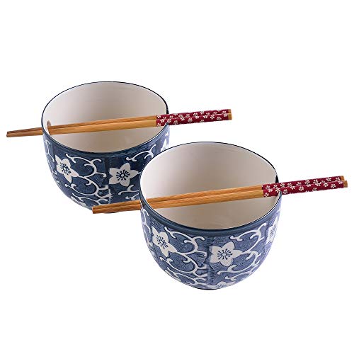 Panbado 4-teilig Porzellan Tafelservice Set, Beinhaltet 2er Porzellan Schalen für Nudel, Ramen und 2 Paar Essstäbchen für 2 Personen, Japanisch Suppenschüssel, Müslischalen, Blumen Muster, Blau von Panbado